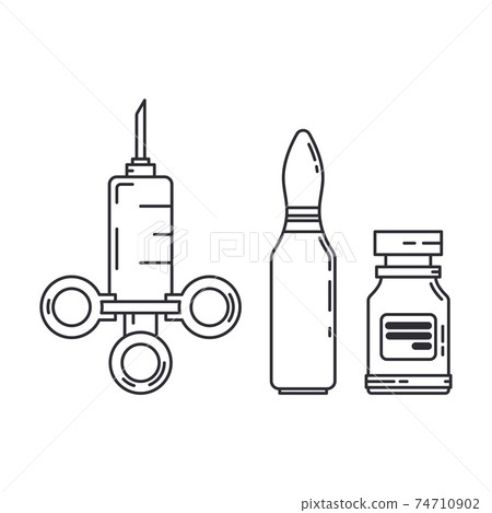 Line medical pharmaceutica set icon flask, ampoule, syringe. Professional equipment symbol. Science, pharmacy, medic, chemistry background emblem element. Laboratory glass. Vector outline illustration 74710902