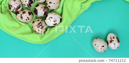 Quail eggs on a light green surface, top view, empty place for text, recipe Quail eggs on a light green surface, top view, empty place for text, recipe 74711212