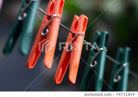 Clothespins on a rope hanging outside house and apple tree 74711854