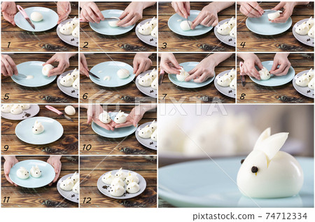 DIY instruction. Step by step guide. Making a funny rabbit from boiled eggs, decorating the Easter table, Easter decor and serving 74712334
