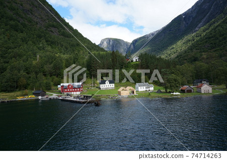 See a diorama-like landscape from a Norwegian summer Sognefjord cruise ship 74714263