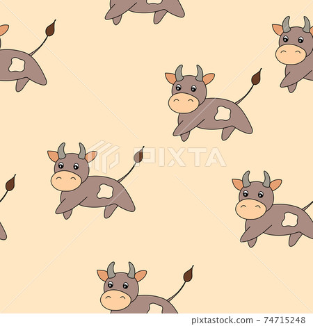 Vector flat animals colorful illustration for kids. Seamless pattern with cute bull on beige background. Cartoon adorable character. Design for textures, card, poster, fabric, textile. Cute cow. Vector flat animals colorful illustration for kids. Seamless pattern with cute bull on beige background. Cartoon adorable character. Design for textures, card, poster, fabric, textile. Cute cow. 74715248