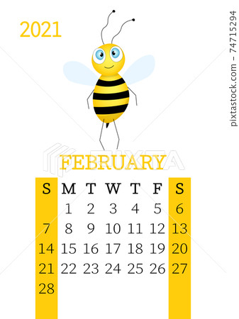 Calendar 2021. Monthly calendar for February 2021 from Sunday to Saturday. Yearly Planner. Templates with cute hand drawn bee. Vector illustration. Great for kids. Calendar page for print. 74715294