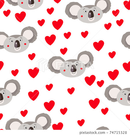 Seamless pattern with cute koala baby and hearts on white background. Funny australian animals. Card, postcards for kids. Flat vector illustration for fabric, textile, wallpaper, poster, paper. 74715328