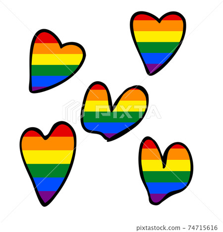 Love wins icons. LGBT logo symbol in rainbow flag colors. Set of Hand drawn hearts isolated on white background. Template design, vector illustration. Gay pride pattern. Cute holiday banner. 74715616