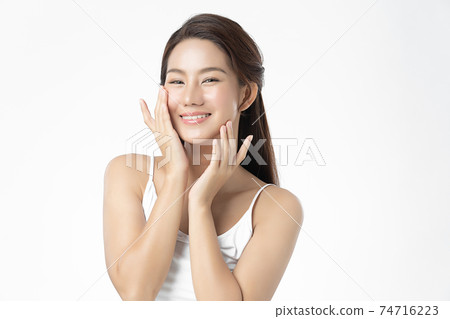 Beautiful young asian woman with clean fresh skin on white background, Face care, Facial treatment, 74716223