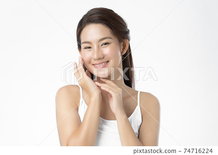 Beautiful young asian woman with clean fresh skin on white background, Face care, Facial treatment, 74716224