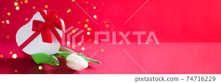 Bright pink banner with present and tulip Bright pink banner with present and tulip 74716229