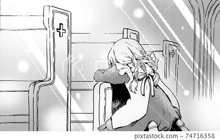 Monochrome illustration of the back of a crying or sleeping girl 74716358