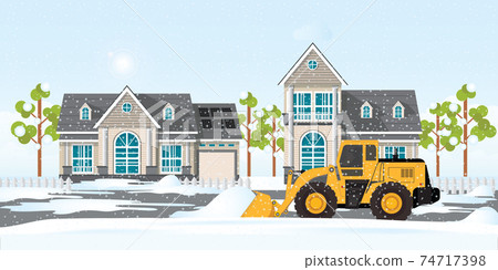 Snow plow truck cleaning snows area streets at village home. Snow plow truck cleaning snows area streets at village home. 74717398
