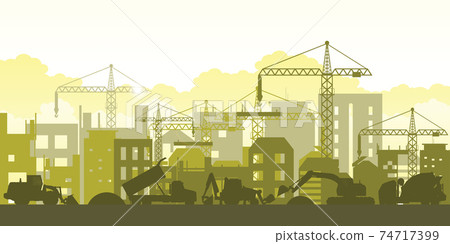 Silhouette of building work process with construction machines. 74717399