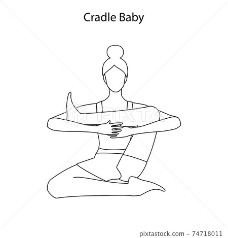 Cradle baby pose yoga workout outline. Healthy lifestyle vector illustration 74718011