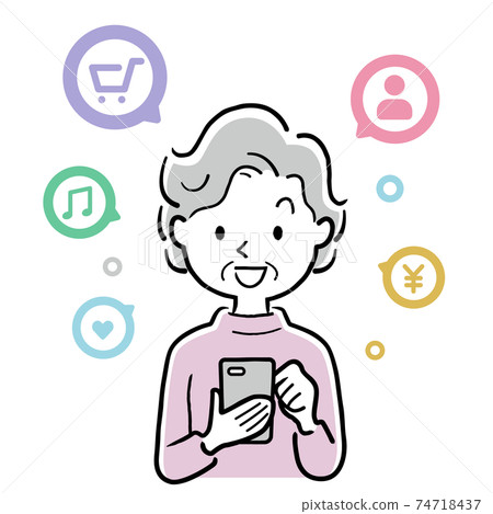 Vector illustration material: Senior woman using smartphone app Vector illustration material: Senior woman using smartphone app 74718437