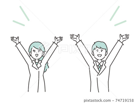 Illustration of a business man and woman in a white coat to introduce with both hands raised Illustration of a business man and woman in a white coat to introduce with both hands raised 74719158