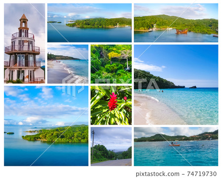 Collage about tropical beach in Roatan Honduras Collage about tropical beach in Roatan Honduras 74719730