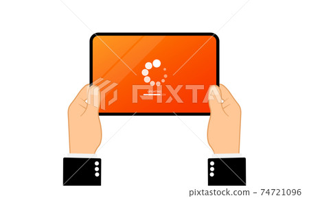 Hands holding tablet computer with software update. Downloading data concept. Vector on isolated white background. Eps 10. Hands holding tablet computer with software update. Downloading data concept. Vector on isolated white background. Eps 10. 74721096