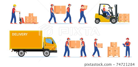 Warehouse workers with parcels boxes Warehouse workers with parcels boxes 74721284