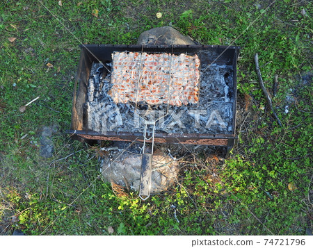 kebab on a metal grid is cooked over the fire 74721796