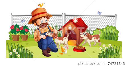 Happy man with dog at the yard Happy man with dog at the yard 74721843