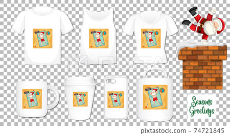 Santa Claus dancing cartoon character with set of different clothes and accessories products on transparent background Santa Claus dancing cartoon character with set of different clothes and accessories products on transparent background 74721845