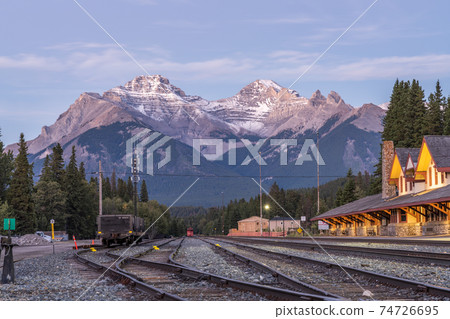 Banff Railway Station in summer evening. Banff National Park, Canadian Rockies. Banff, Alberta, Canada. 74726695