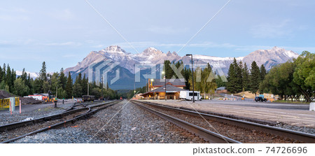 Banff Railway Station in summer evening. Banff National Park, Canadian Rockies. Banff, Alberta, Canada. 74726696