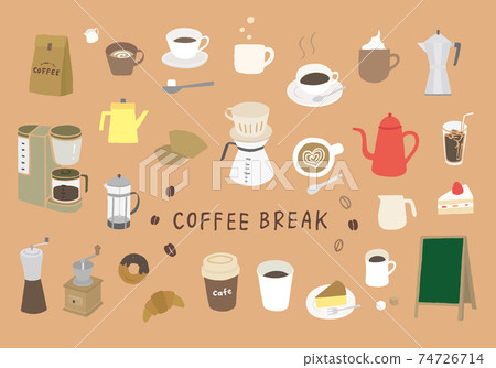 與咖啡和咖啡品有關的手繪插圖集（顏色/無輪廓） 74726714