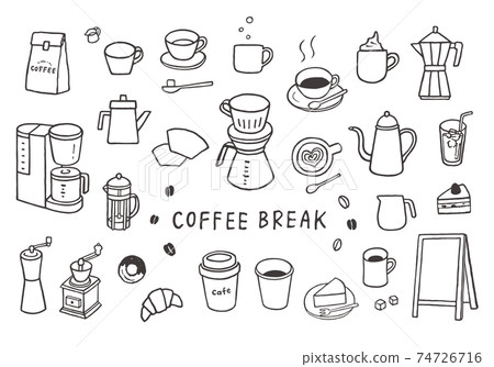 Hand-drawn illustration set (monochrome) related to coffee and coffee goods 74726716