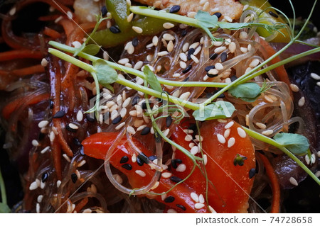 vegetables in teriyaki sauce, macro fragment, top view 74728658