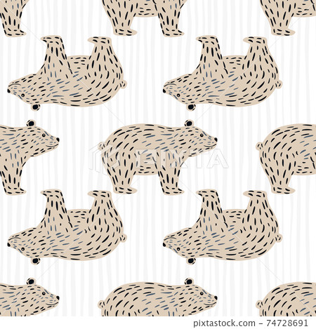 Beige dashes polar bear ornament seamless pattern in doodle style. Light striped background. Cartoon artwork. 74728691