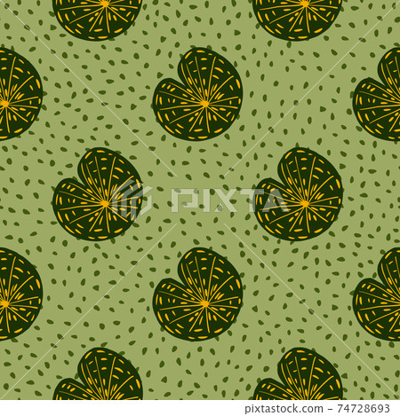 Abstract seamless nature pattern with doodle green simple style water lily silhouettes. Light green dotted background. 74728693