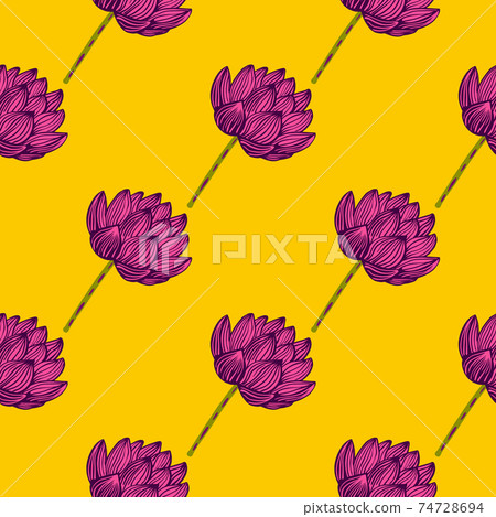 Asian nature seamless pattern with doodle lotus pink contoures silhouettes print. Yellow background. 74728694