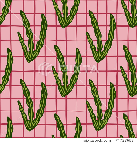 Abstract aquatic seamless pattern with green seaweed ornament. Pink chequered background. Organic print. 74728695