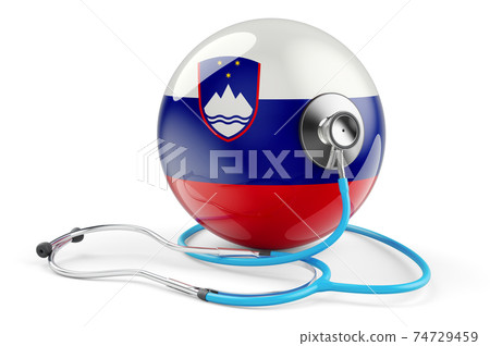 Slovenian flag with stethoscope. Health care in Slovenia concept, 3D rendering Slovenian flag with stethoscope. Health care in Slovenia concept, 3D rendering 74729459