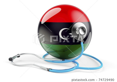 Libyan flag with stethoscope. Health care in Libya concept, 3D rendering Libyan flag with stethoscope. Health care in Libya concept, 3D rendering 74729490