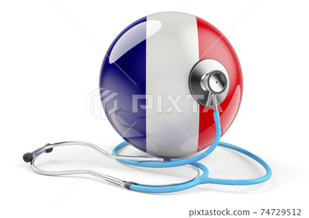 French flag with stethoscope. Health care in France concept, 3D rendering French flag with stethoscope. Health care in France concept, 3D rendering 74729512