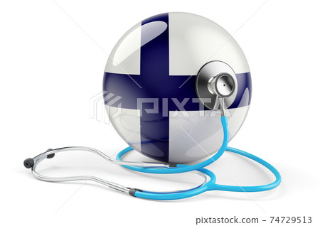 Finnish flag with stethoscope. Health care in Finland concept, 3D rendering 74729513