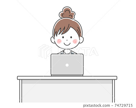 Illustration of a Japanese business woman working on a laptop 74729715