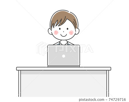 Illustration of a Japanese businessman working on a laptop 74729716