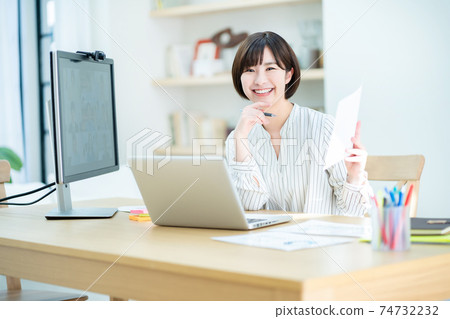Female telework teleworking personal computer online meeting 74732232