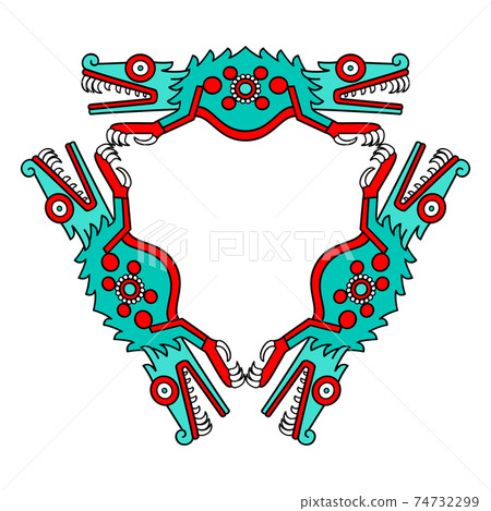 Colorful triangular shaped crocodile ornament, in Aztec style. Turquoise, red and black colored triangle, made of crocodile body halves, open mouths, and precious gems on bodies. Illustration. Vector Colorful triangular shaped crocodile ornament, in Aztec style. Turquoise, red and black colored triangle, made of crocodile body halves, open mouths, and precious gems on bodies. Illustration. Vector 74732299