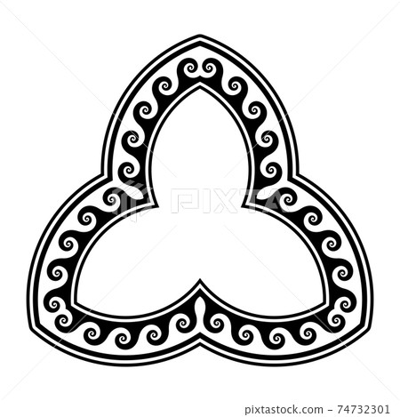 Triquetra shaped frame, with running dog pattern. Decorative three cornered border with seamless spiral meander design. Vitruvian wave or Vitruvian scroll pattern. Black and white illustration. Vector Triquetra shaped frame, with running dog pattern. Decorative three cornered border with seamless spiral meander design. Vitruvian wave or Vitruvian scroll pattern. Black and white illustration. Vector 74732301