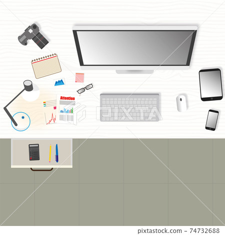 Vector illustration. Office desk workspace top view with PC computer. Vector illustration. Office desk workspace top view with PC computer. 74732688