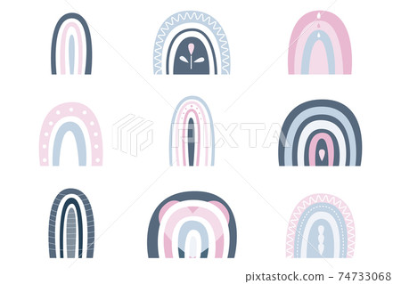 Cute sky set of rainbows, sun, rain, drops. Vector illustration in blue, pink and gray colors For children s textiles, decor, tableware, postcards, albums, posters, posters. Drawn in flat naiv style. Cute sky set of rainbows, sun, rain, drops. Vector illustration in blue, pink and gray colors For children s textiles, decor, tableware, postcards, albums, posters, posters. Drawn in flat naiv style. 74733068