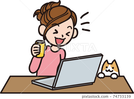 在線飲酒派對_婦女和貓 74733139