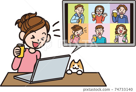 在線飲酒派對_婦女和貓 74733140