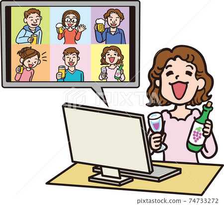 Online drinking party_computer, wine and women 74733272