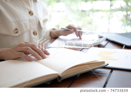 Head of accounting is recording the company's financial growth statistics using graphs as a reference for reviewing and analyzing the results, Taking notes and analyzing data graphs in office. Head of accounting is recording the company's financial growth statistics using graphs as a reference for reviewing and analyzing the results, Taking notes and analyzing data graphs in office. 74733839