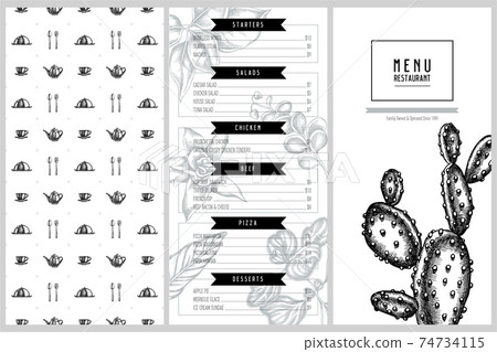 Vintage menu design with ficus, iresine, kalanchoe, calathea, guzmania, cactus Vintage menu design with ficus, iresine, kalanchoe, calathea, guzmania, cactus 74734115