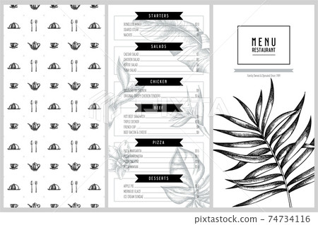 Vintage menu design with monstera, banana palm leaves, strelitzia, heliconia, tropical palm leaves 74734116